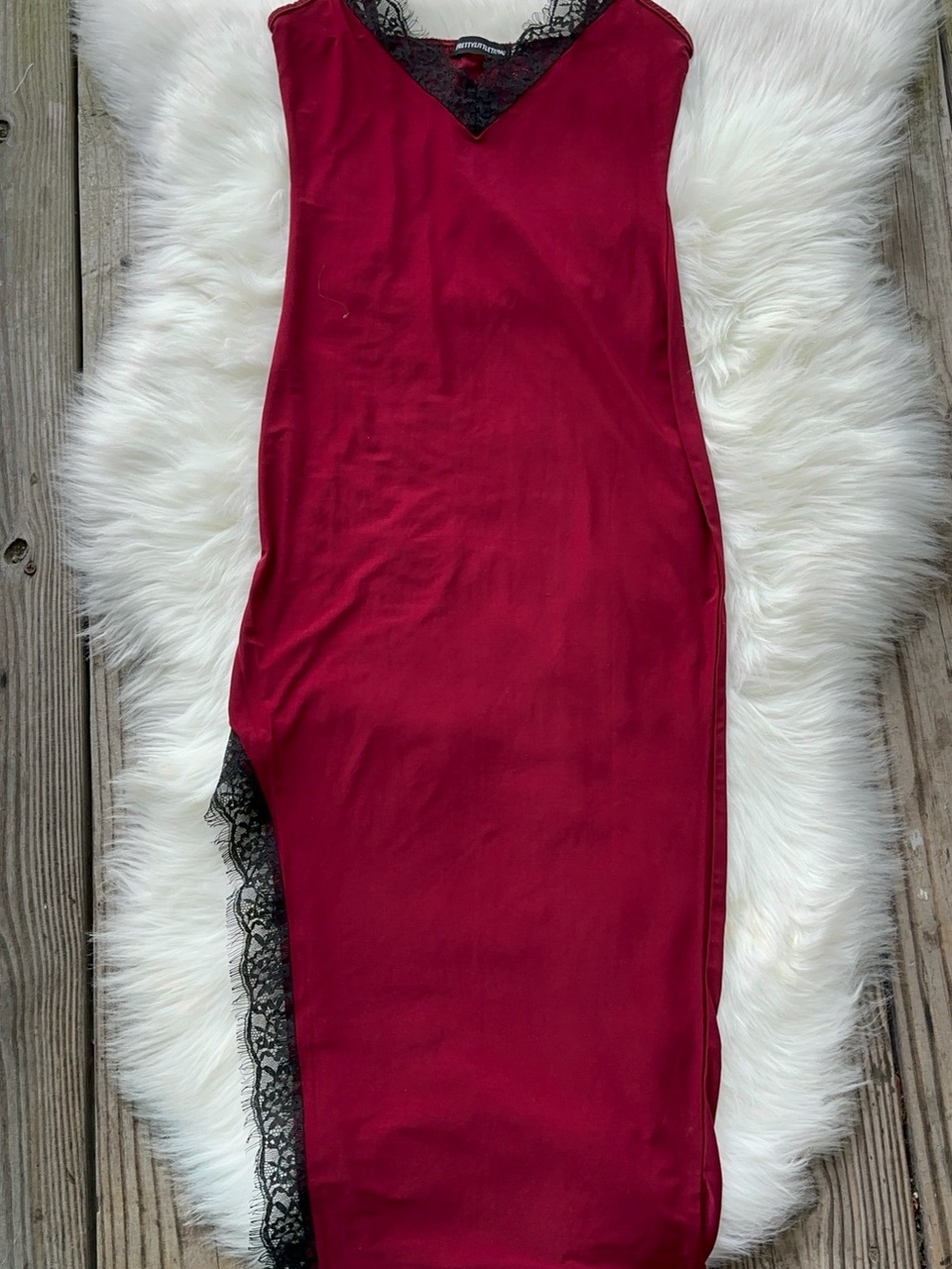 PrettyLittleThing Burgundy Slip dress with Black Lace Trim
